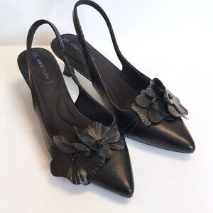 Anne Klein iFlex Black Leather Floral Slingback Kitten Heels